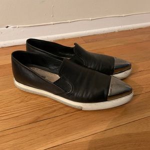 MIU MIU Metallic Cap Toe Black Leather Sneakers